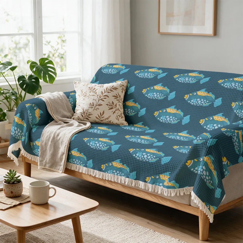 Decorative Sofa Throw Blanket Ocean Fish Print Nautical Coastal Decor Cozy Throw for Couch Living Room Accent Polyester Beach Ho