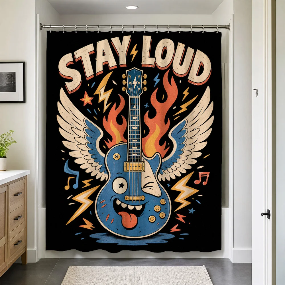 Rock N Roll Guitar Shower Curtain Liner Vintage Music Lover Decor Bathroom Waterproof Art Poster Stay Loud Theme Curtain