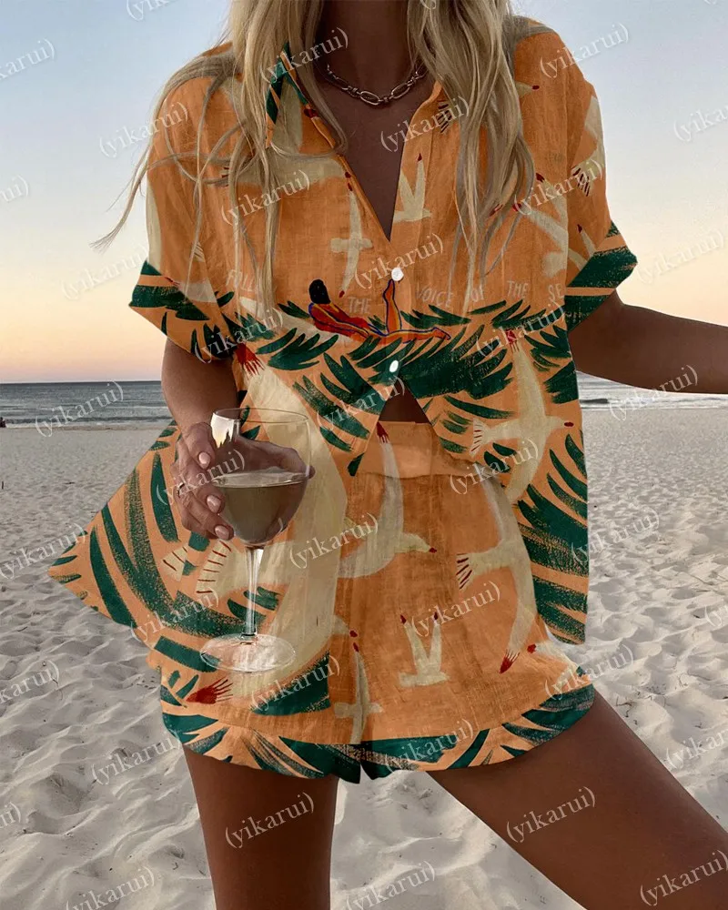 

Summer New Printed Short Sleeve Shirt Women's Shorts Set Casual Loose Fashion Beach Vacation Style Shorts Women's 2-Piece Set