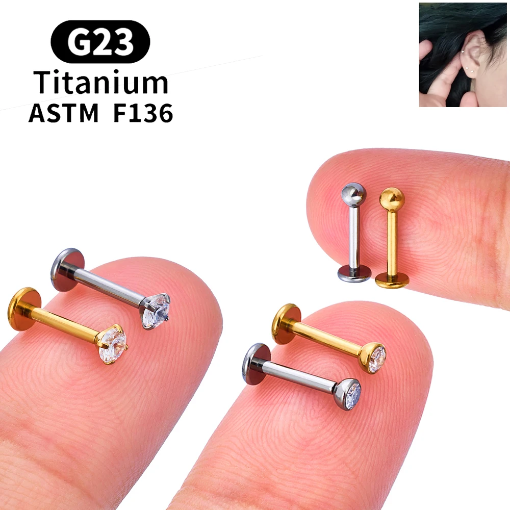 10PCS ASTM F136 G23 Titanium Piercing Labret Lip Ring Stud Earring CZ Ear Tragus Cartilage Helix Daith Pierc Jewelry 16/18/20g