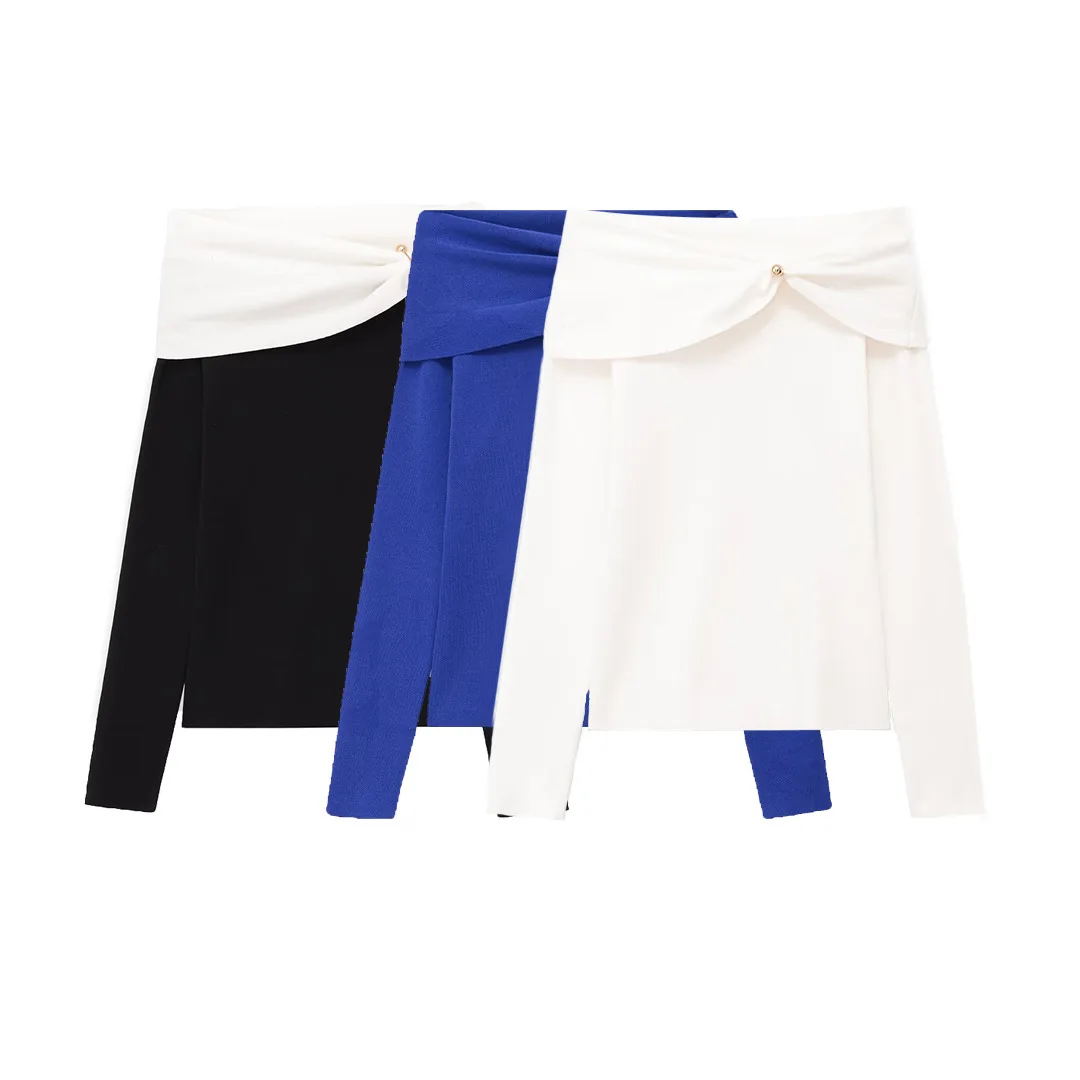 

Европейский и американский стиль: новая женская одежда весна 2026, универсальный прямой топ с открытыми плечами и длинными рукавами