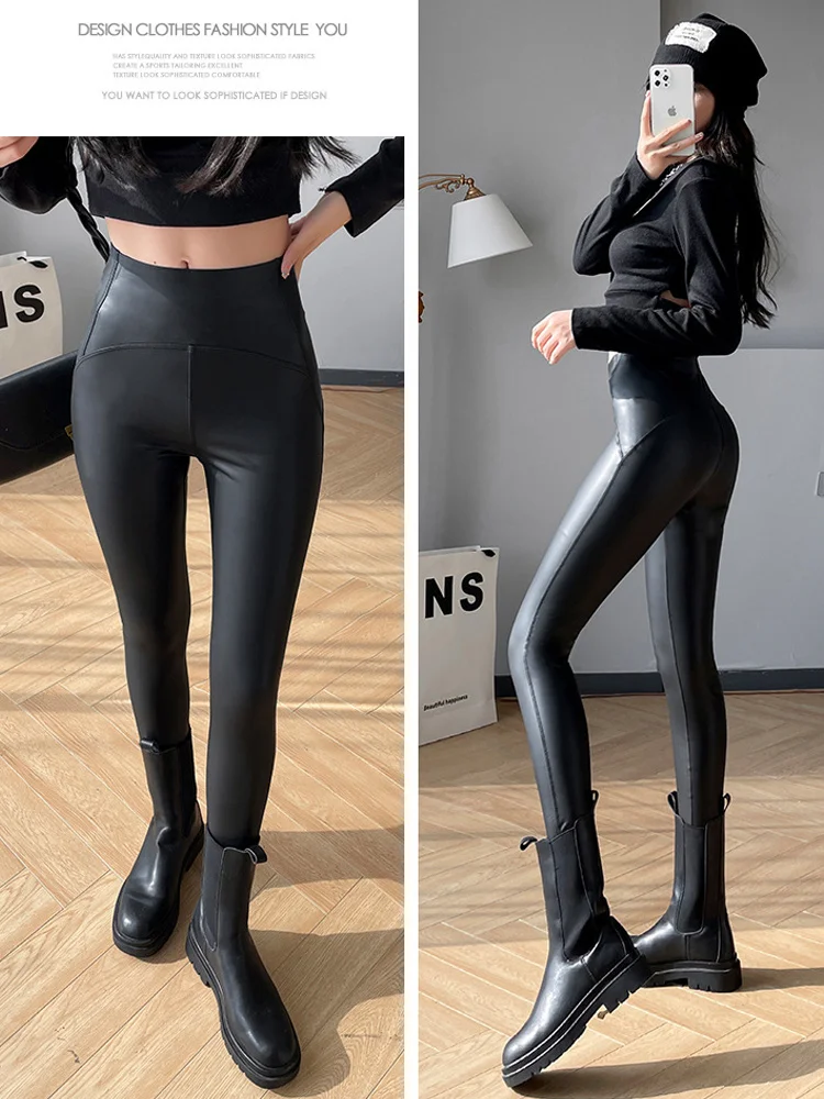 BIVIGAOS 2023 New Fleece PU Leather Pants Women Autumn Winter Warm Faux Leather Leggings High Waist Butt Lifter Tight Leggings