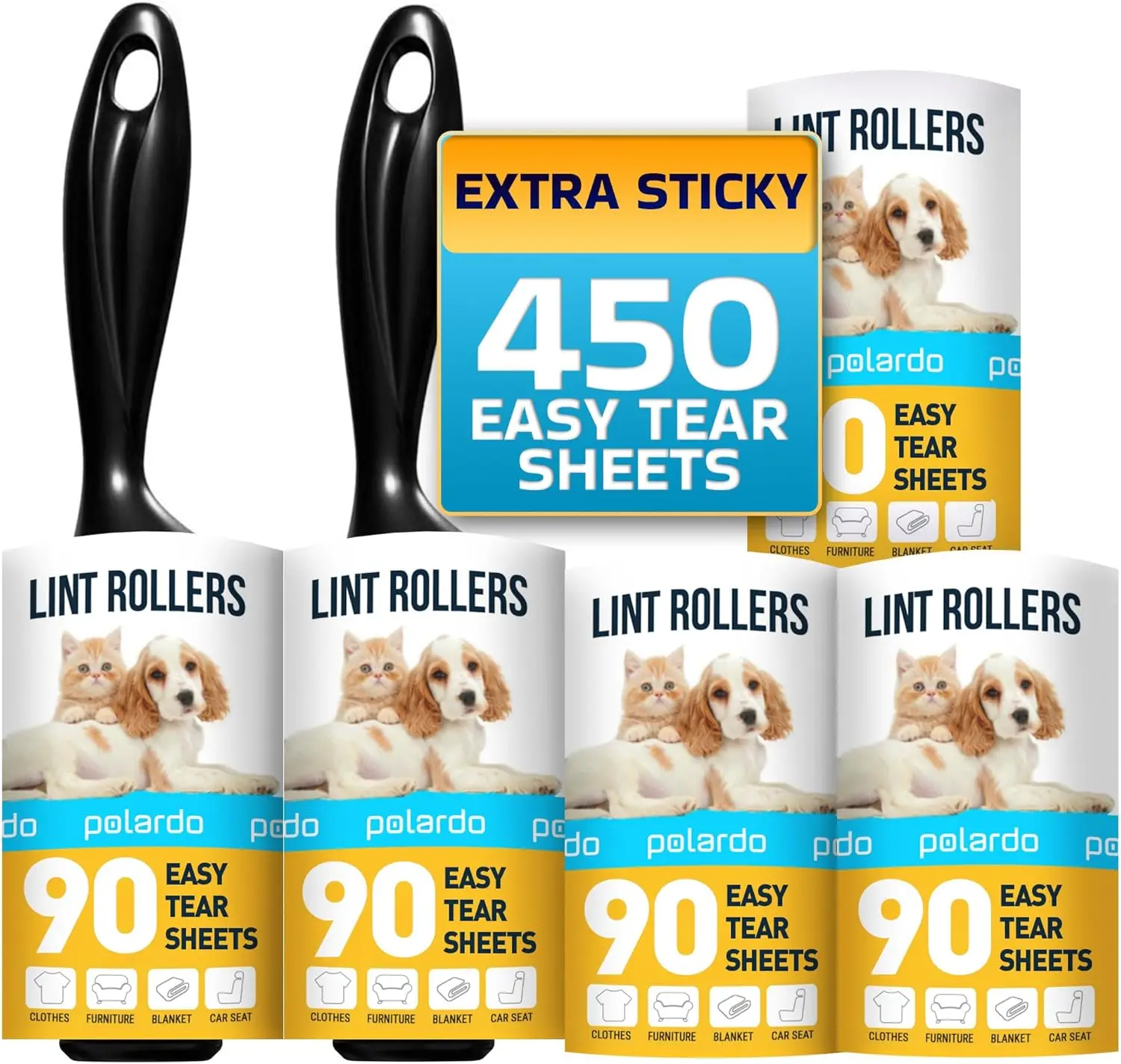 

Pet Hair Lint Rollers, 5 Large Sticky Rollers for Couch, Clothes, Furniture & Carpet, Dog & Cat Fur Remover
