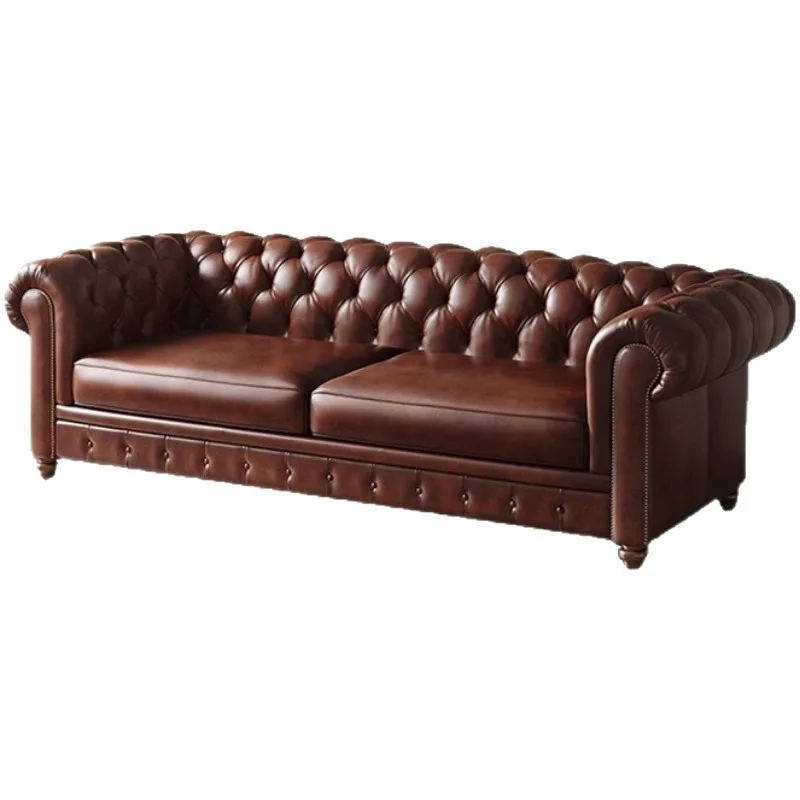 

Американский ретро-диван из натуральной кожи (первый слой), с винтажными кнопками, из вощеной кожи, в европейском стиле, для гостиной, из массива дерева, одноместный.