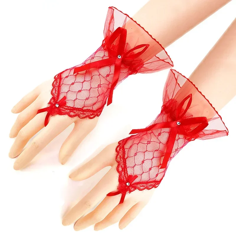 Gants résille sans doigts pour femmes, dentelle sexy, nœud court, accessoires de mariage, blanc, noir, rouge, fête de la mariée