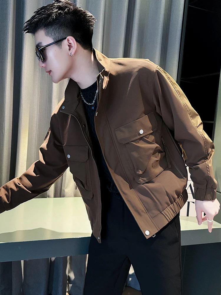 

Мужская повседневная куртка-жакет с воротником-стойкой, рабочая одежда, модный бренд, весна-осень, новая модель, приталенный крой, ткань из полиэфирного волокна (ткань «окс»)