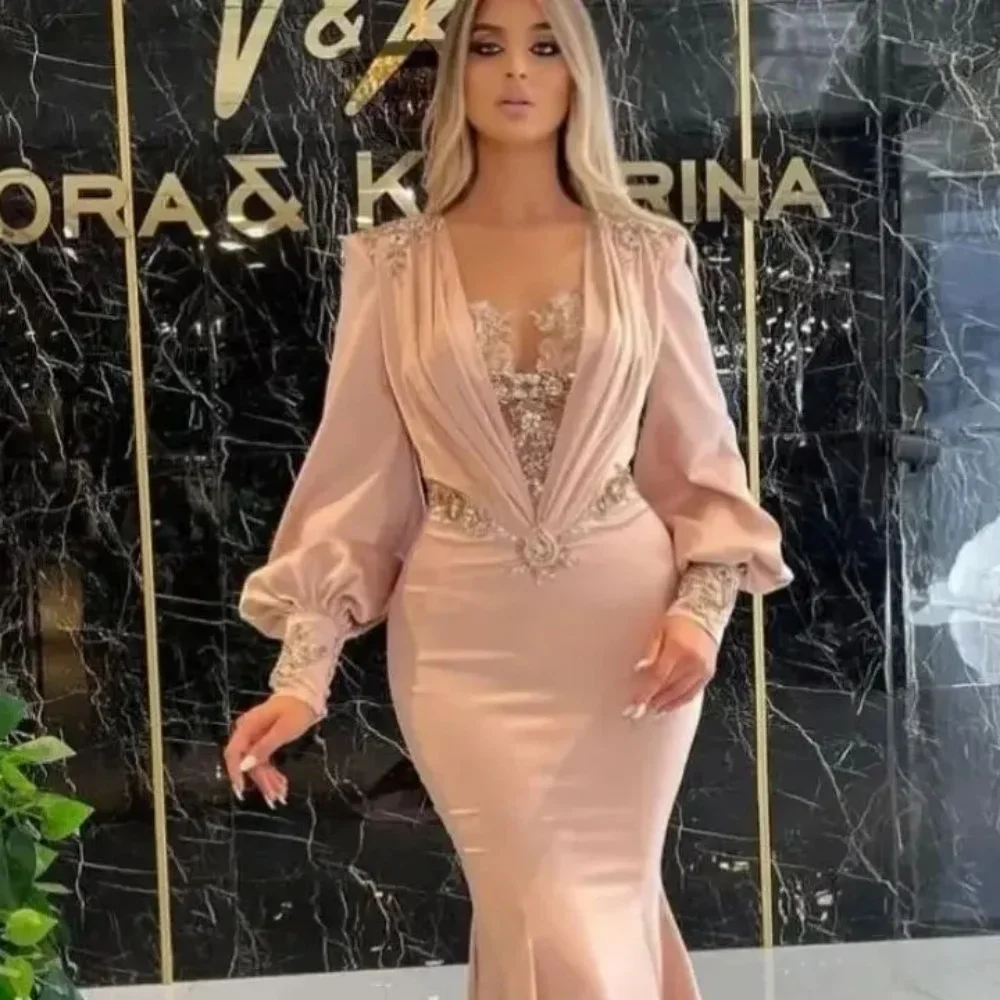 Elegant Pink Satin Mermaid Evening Dresses Deep V Neck Crystal Beading Long Sleeve Prom Gowns Custom Made Plus Size Pageant Part