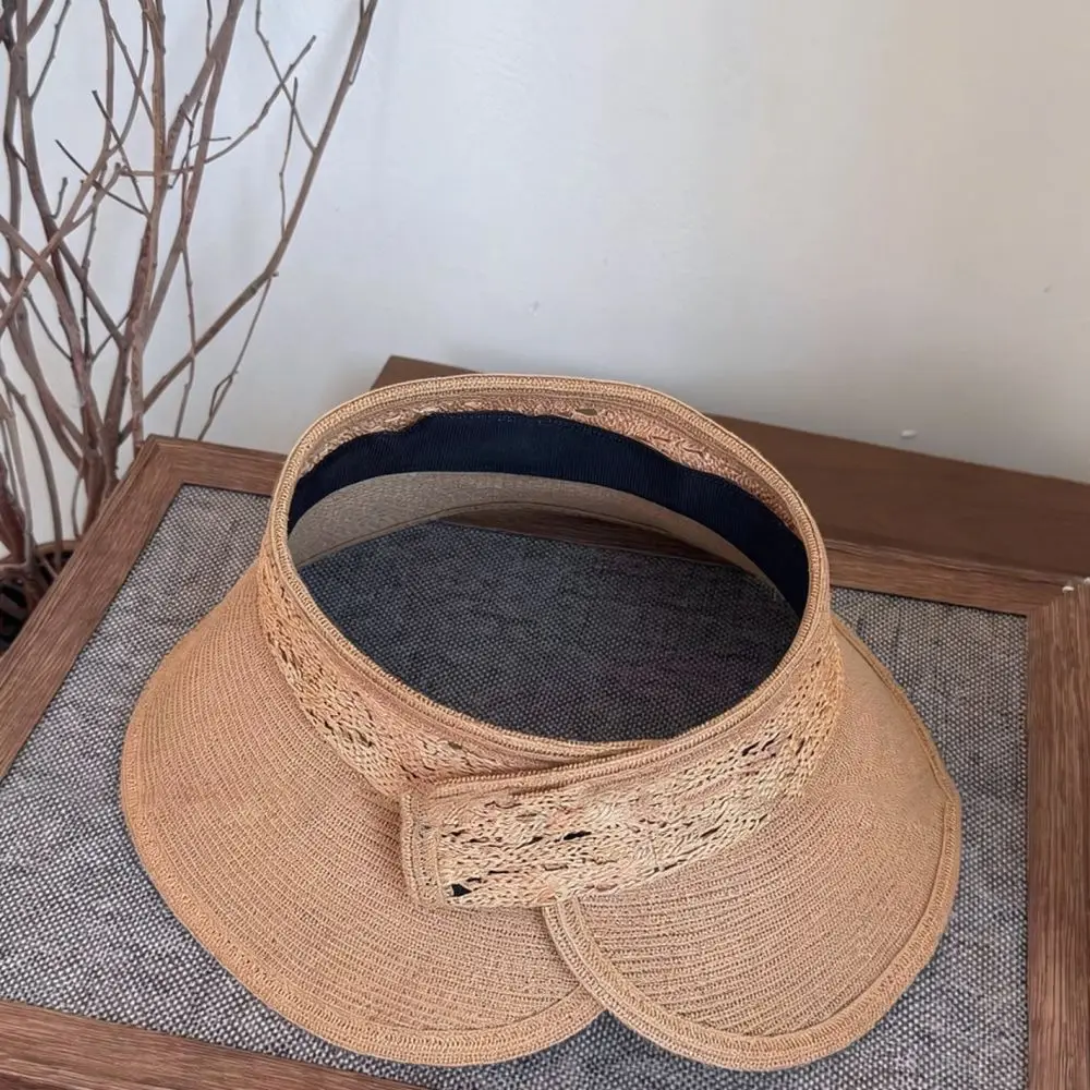 Adjustable Straw Visor Hat Women Summer Handmade Woven Empty Top Sunshade Cap Breathable Wide Brim Beach Hat