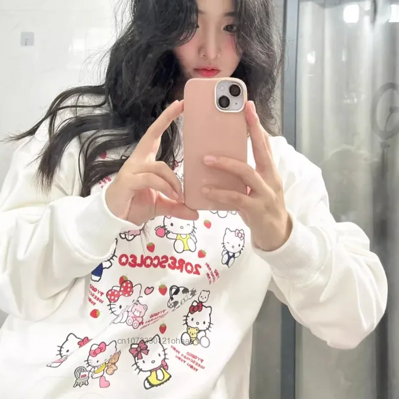 Sanrio Hello Kitty New Long Sleeve Top Shirts Cartoon Korean Style White Sweatshirts Women Cute Round Neck Pullovers Y2k Clothes