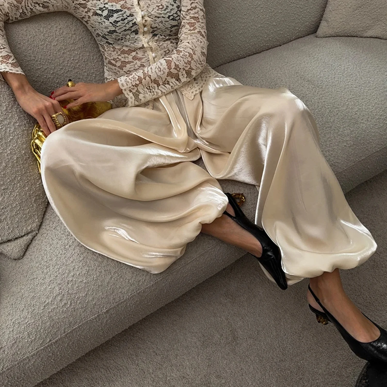 DNBS Satin Finish Women's Loose Balloon Pants, Elastic Cuffed Harem Trousers, Elegant Loungewear for Spring & Summer
