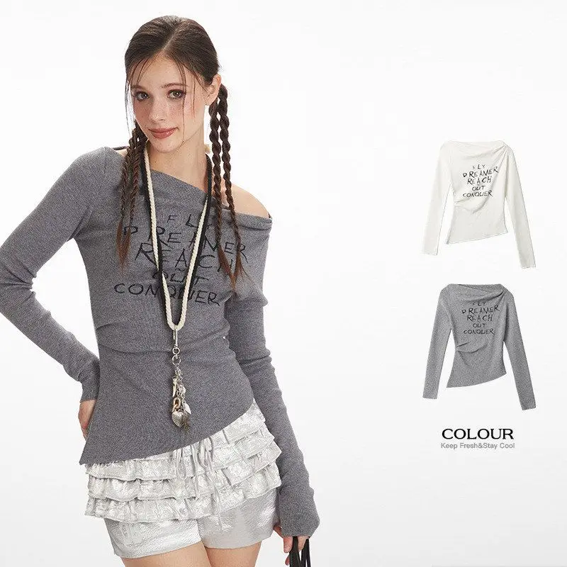 HeyHenry Slim Fit gebreide top oulder Bared Long Sve Autumn irt American Sle Retro Thinming Trendy ort Lengte Side...