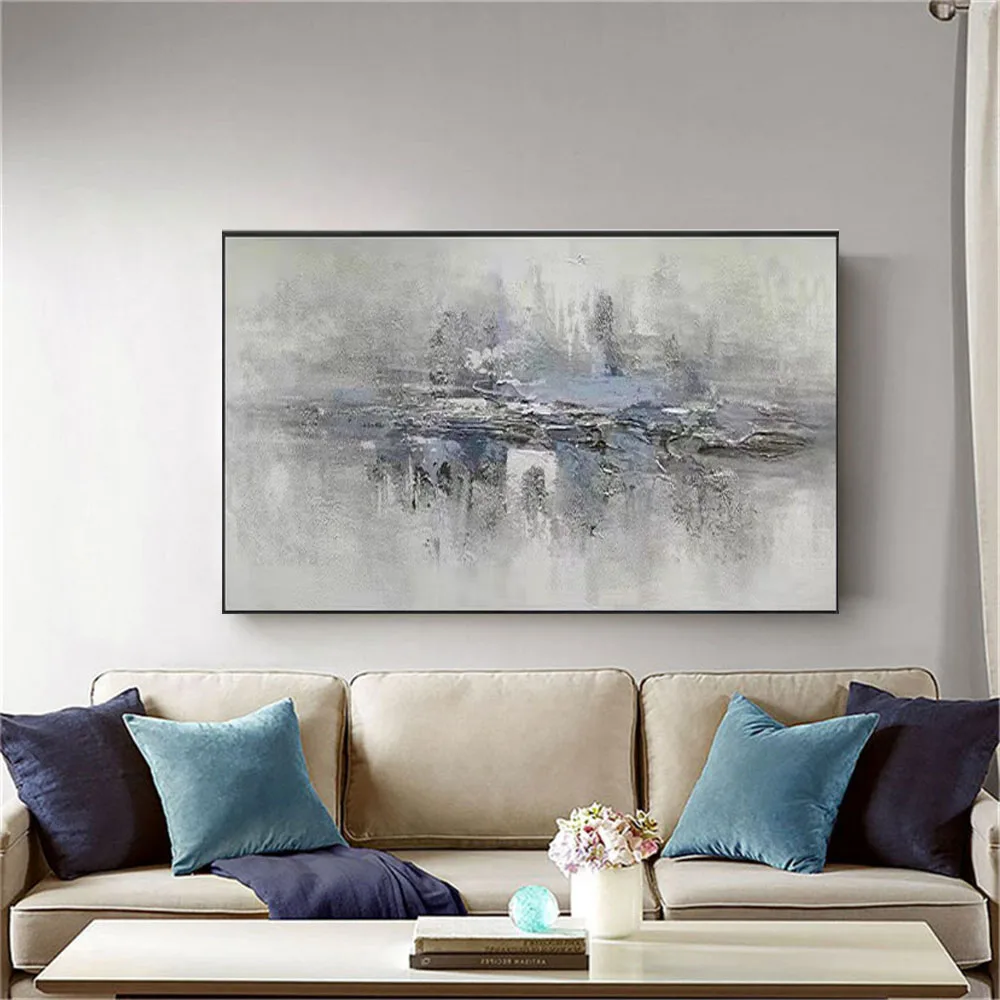 Abstract Landscape Wall Art Canvas Painting Grey Thick Oil Texture Oil Paintings Large Horizontal Hang Picture Decor Living Room