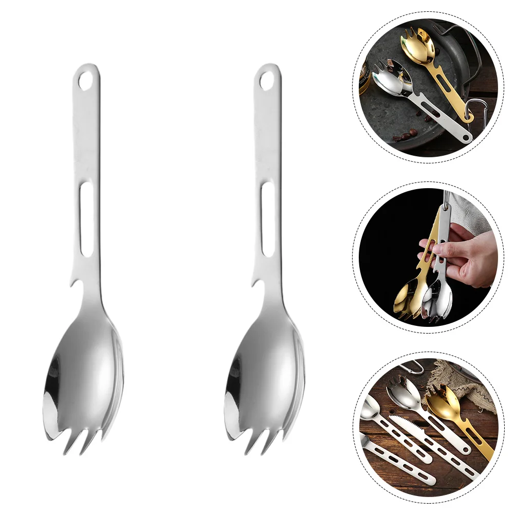 

2pcs Stainless Steel Spork Camping Reusable Outdoor Utensils Bottle Opener Spoon Fork Multi-Tool Portable Cutlery For Travel