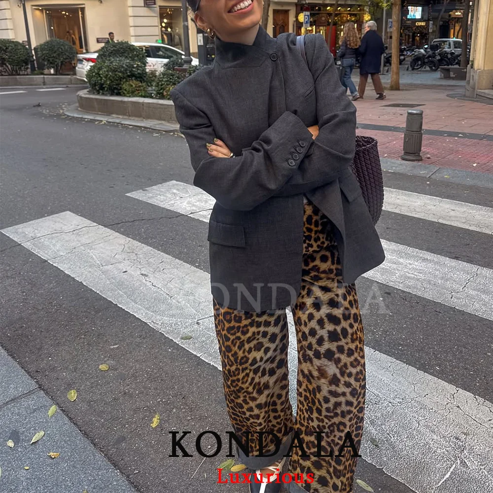 

KONDALA Casual Chic Gray Blazer Half Turtleneck One Button Front Split Jackets Fashion 2025 Office Lady Oversized Pocket Outwear