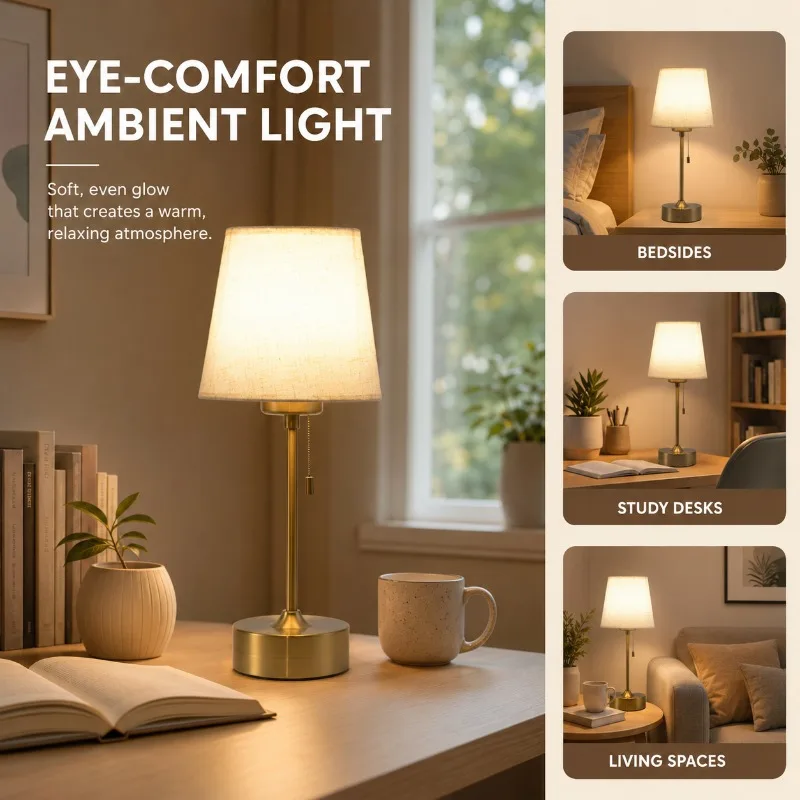 LED Bedside Table Lamp Fabric Shade Iron Night Light for Bedroom Dormitory Study Living Room Home Decor Warm Ambient Lighting