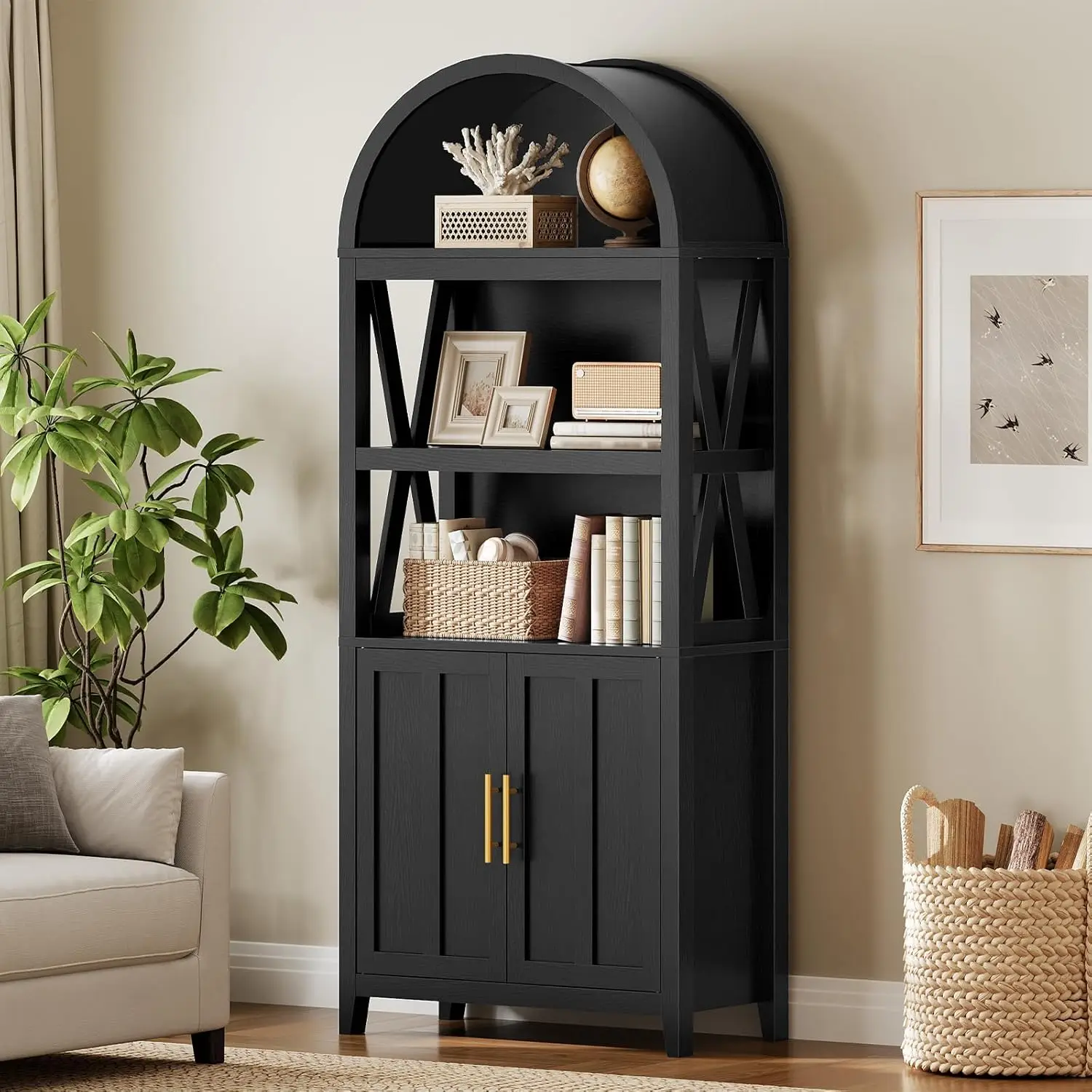 71 inch arched wooden media storage cabinet in farmhouse style
