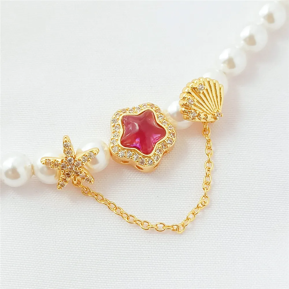 18K Gold-plated Zirconium Starfish Scallop Safety Chain Pendant Diy Handmade Extended Chain Necklace Loose Bead Accessories