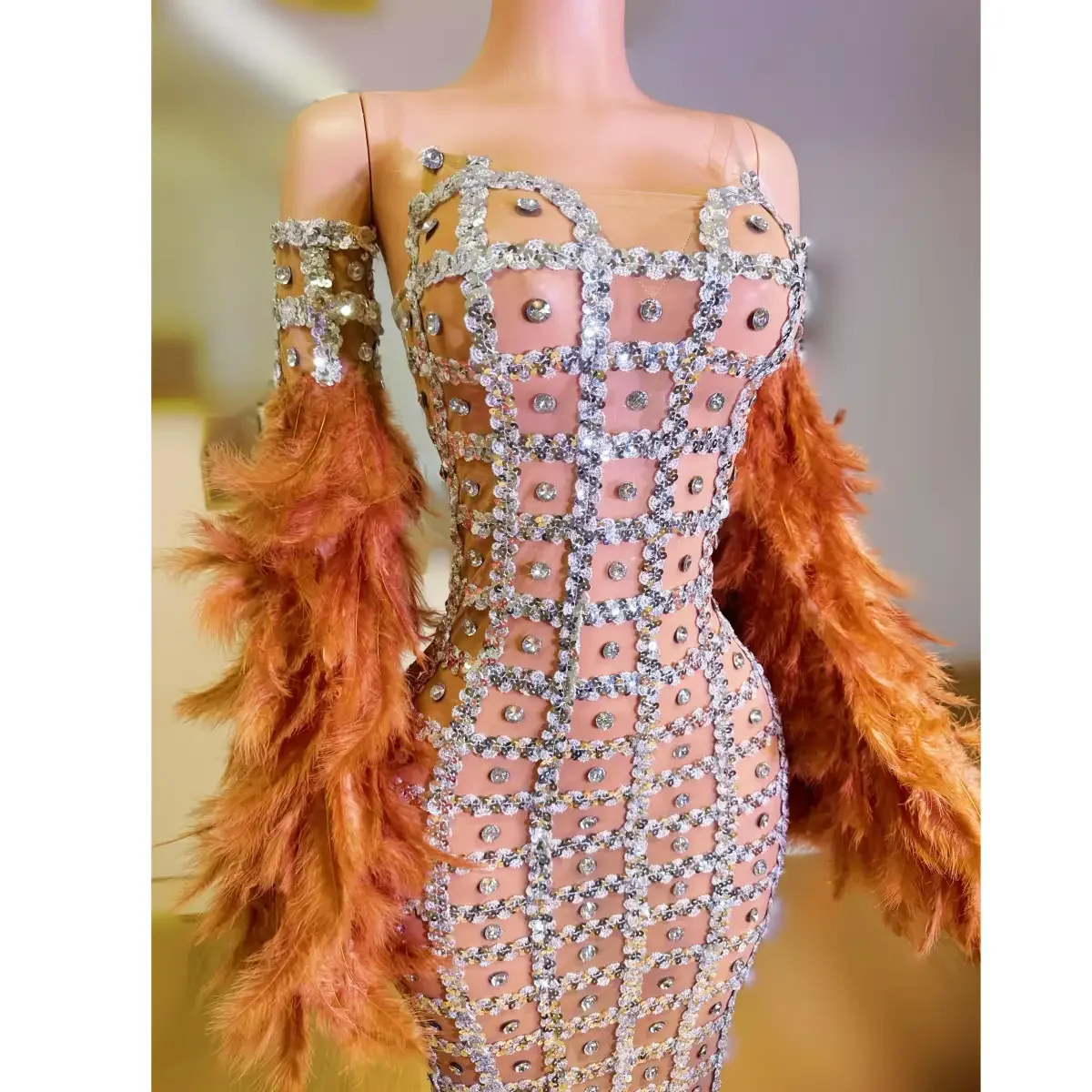 나이트 클럽 DJ 바 여성 가수 댄스 팀 무대 의류 섹시한 전체 다이아몬드 메쉬 깃털 슬리밍 롱 드레스 파티 테마 쇼