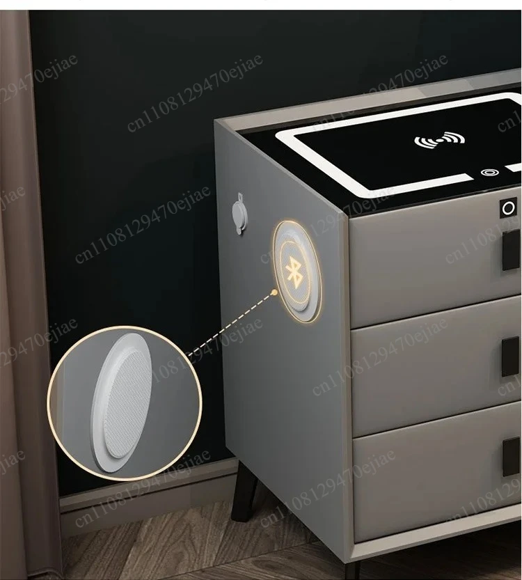 Smart Solid Wood Bedside Table with Wireless Charging & Fingerprint Lock | 3 Drawers Nightstand for Hotel & Bedroom