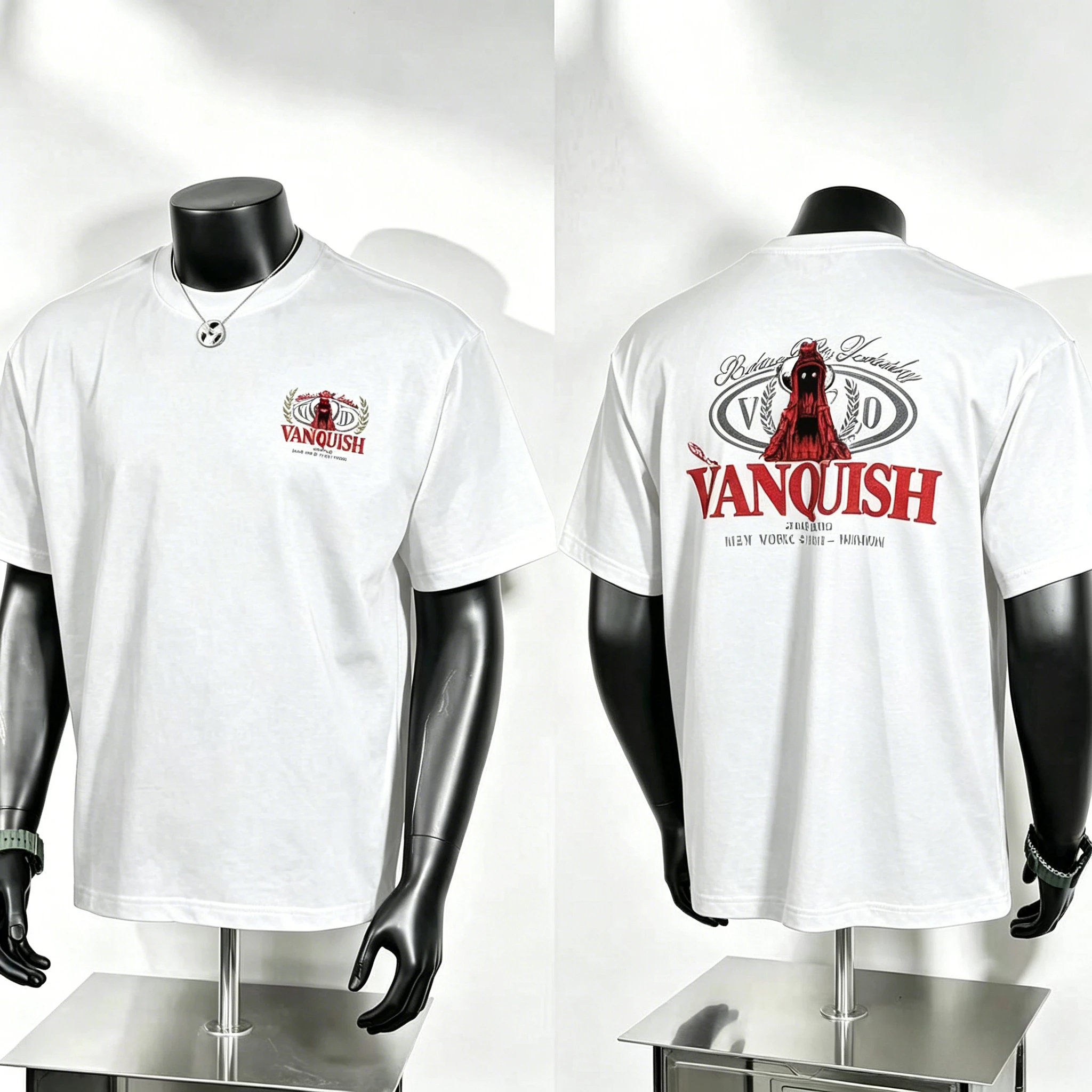 Vanquish Graphic T Shirt, Mini Laurel Wreath Hooded Figure Chest Badge and Large Retro Emblem with Red Robe Reaper Figure Back