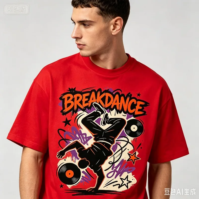 BREAKDANCE Print Men T-Shirt 100% Cotton Short Sleeve Crewneck Breakdancer DJ Vinyl Record Graffiti Tee for Hip Hop Streetwear