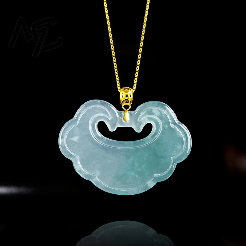 Real Natural Blue Water Jade Ruyi Lock Pendant Necklace Carved Charm Jadeite Jewelry Fashion Amulet Gifts for Men Women