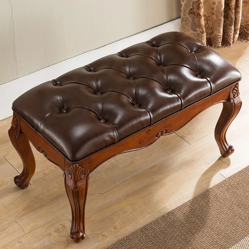 American shoe change stool solid wood bench foot pedal sofa stool European style door bedroom bedside stool leather try-on shoe