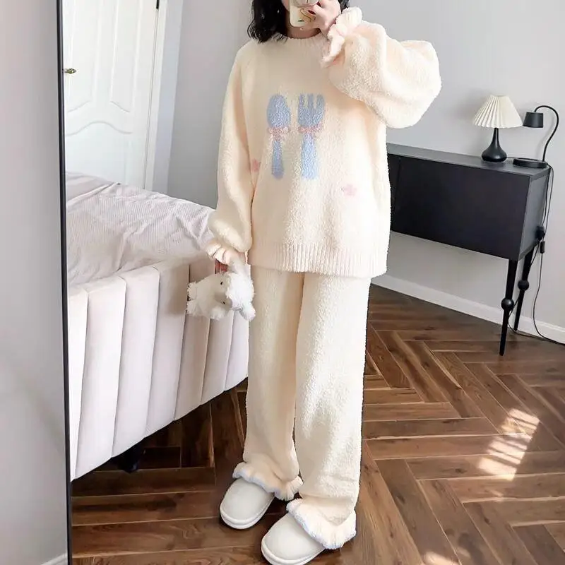 

Новый популярный японский комплект пижам для женщин на весну-зиму: милый, мягкий, повседневный, с кружевом, на флисовой подкладке, утепленный, для дома и сна