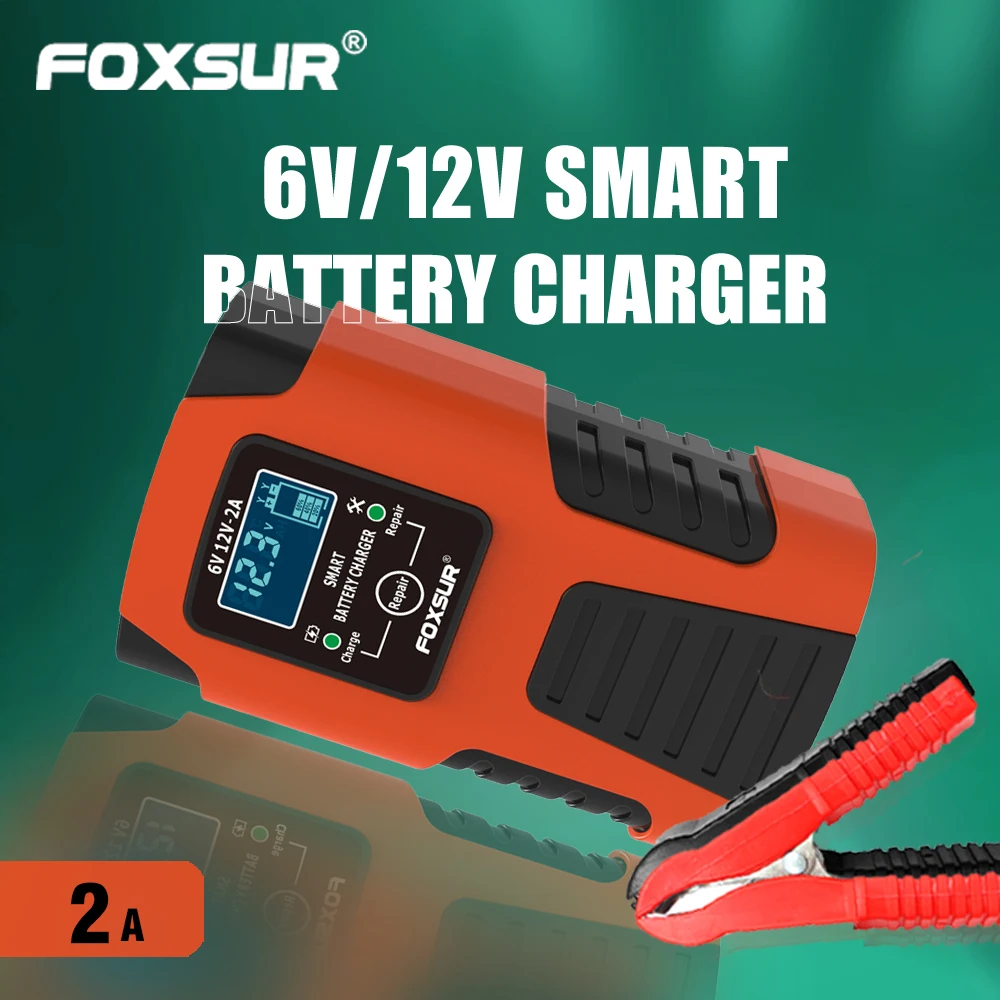 

FOXSUR 2-Amp Fully-Automatic Smart Charger, 6V and 12V Battery Charger, Battery Maintainer, Trickle Charger, Battery Desulfator