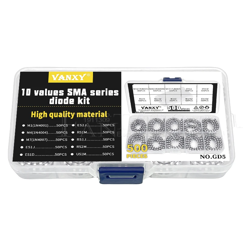 10 values SMA diode kit recovery rectifier M1 1N4007 M4 1N4004 M7 1N4007 ES1J RS1D RS2J RS1M RS1J RS2M US1M total 500 pcs