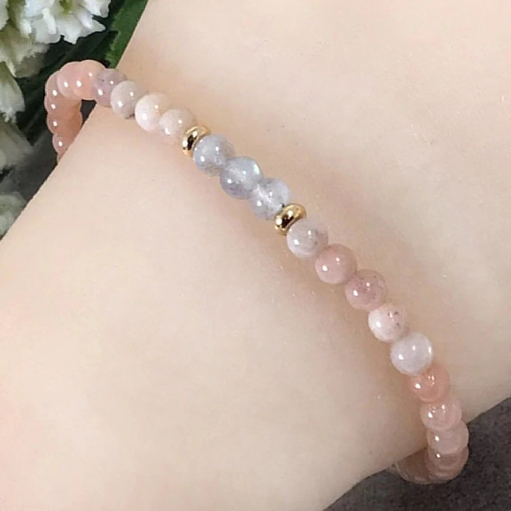 MG2229 4 MM Peach Sunstone Labradorite Beaded Bracelet Handmade Stretch Healing Crystals Bracelet Anxiety Relief Protect