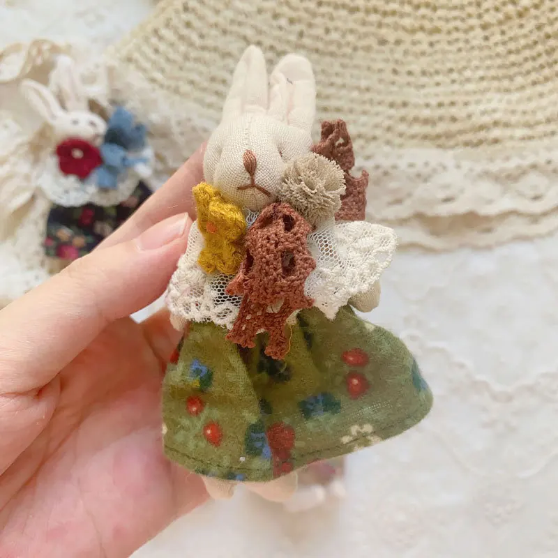 Johnature New Sweet Little Fresh Mori Girl Fabric Cartoon Floral Dress Bunny Brooch Vintage Patchwork Lace Women Accessory