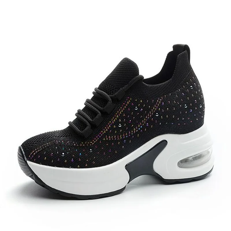 

8 см летние сетчатые вулканизированные массивные кроссовки из микрофибры на шнуровке, женская обувь, весенняя модная кожаная обувь на плоской подошве на танкетке