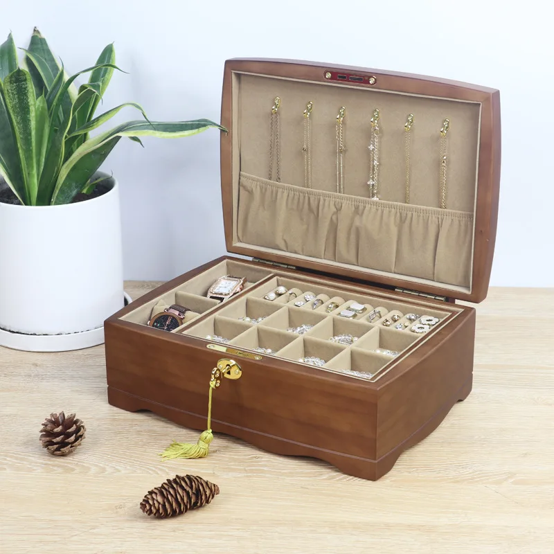 

Wooden Jewelry Box With Lock Jewelry Organizer Box Retro large Solid Wooden storage box For Women Mens