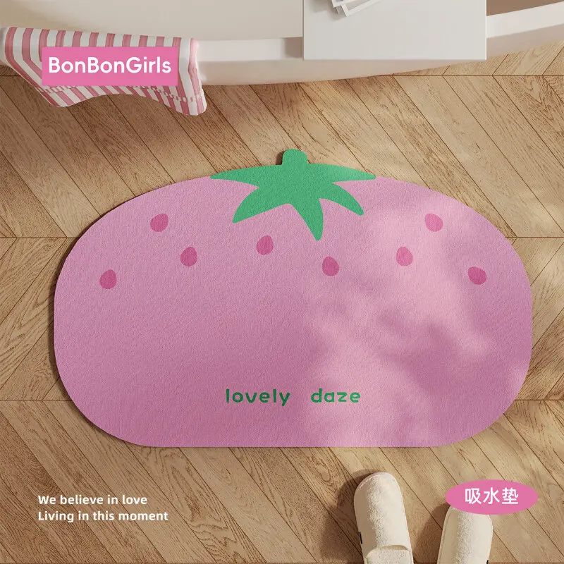VIKAMA Cute Pink Strawberry Shaped Bath Mat Non Slip Washable Absorbent Floor Rug Sweet Girls Bedroom Bathroom Decor Mat