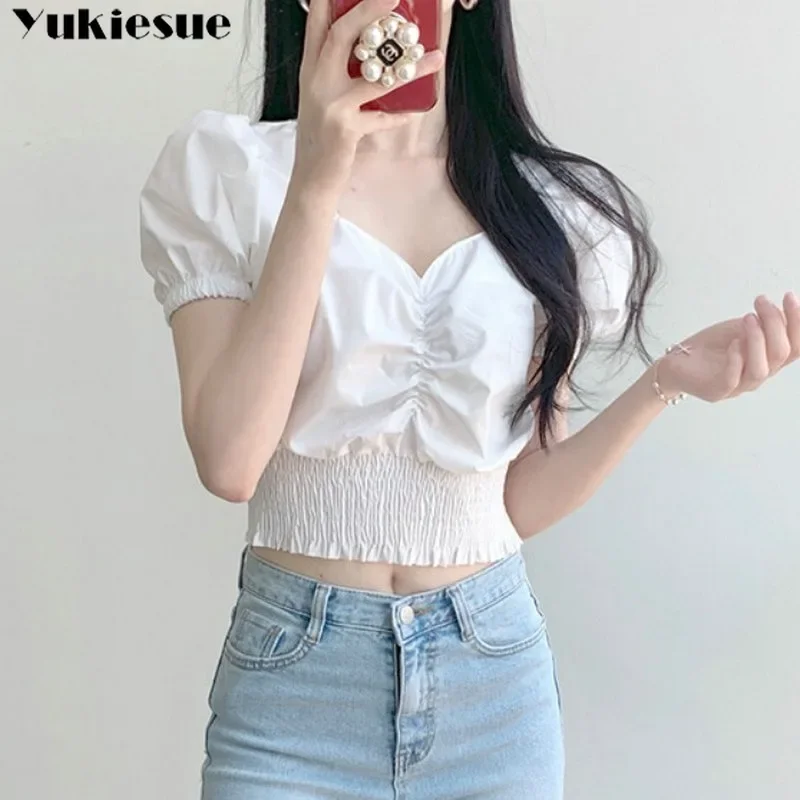 V Collar Sexy T-Shirt Women Fashion Puff Sleeve Female Short Tops Slim Black White Tees Women's Clothing blouse women