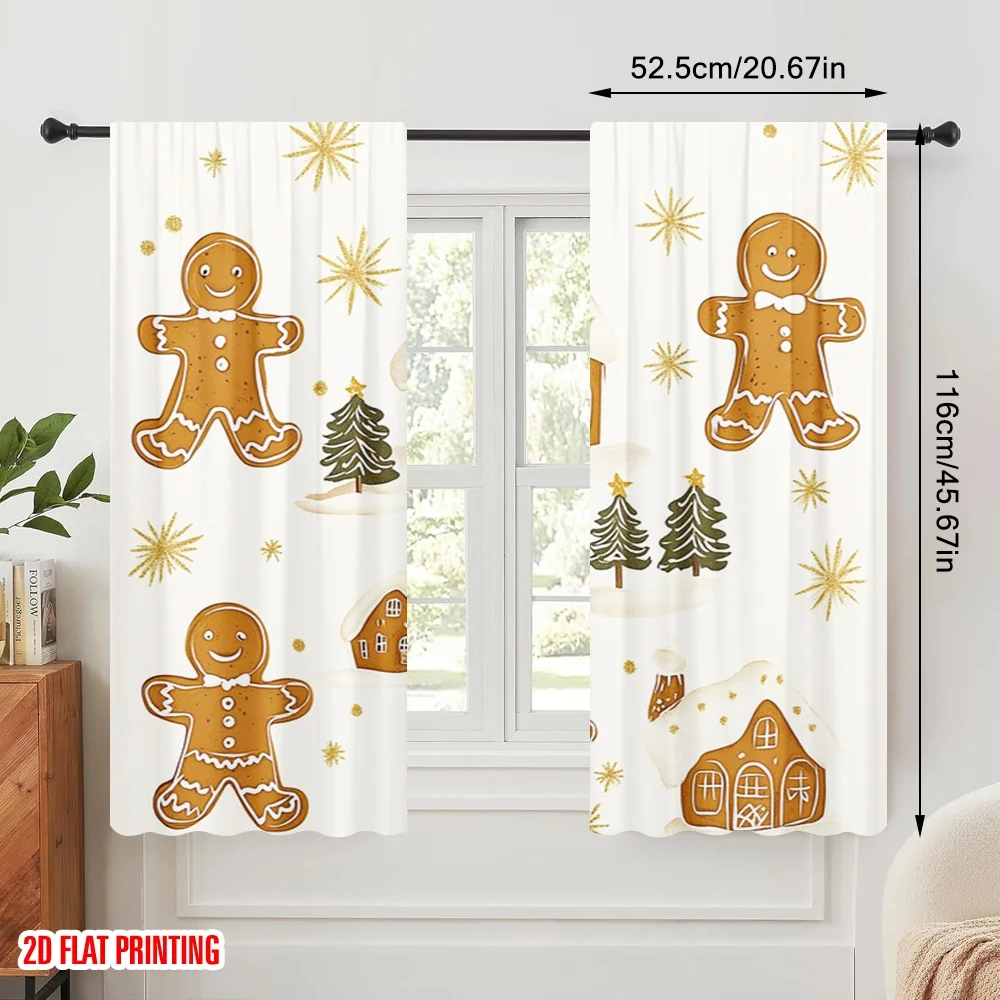 2pcs,2D plane printing Curtain Popular Gingerbread Christmas Village Snowflakes (2) Polyester (without rod) Home Decor for