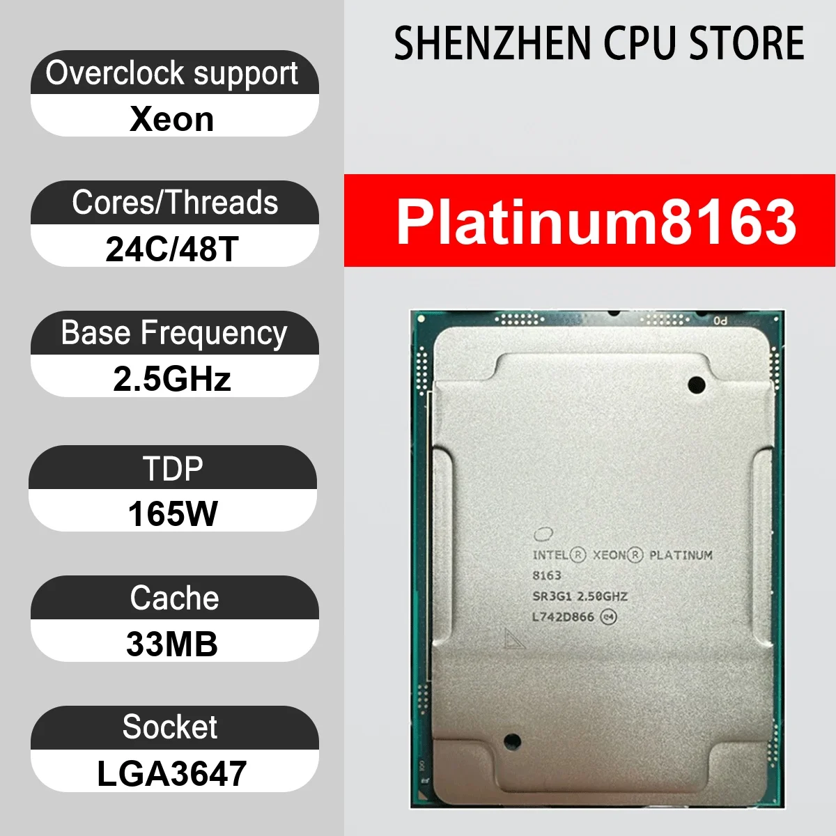 Intel Xeon Platinum8163 24 Core 48 Thread 2.50GHz 165W 33MB Cache 14nm LGA3647 SR3G1 DDR4-2666 MHz Skylake-SP