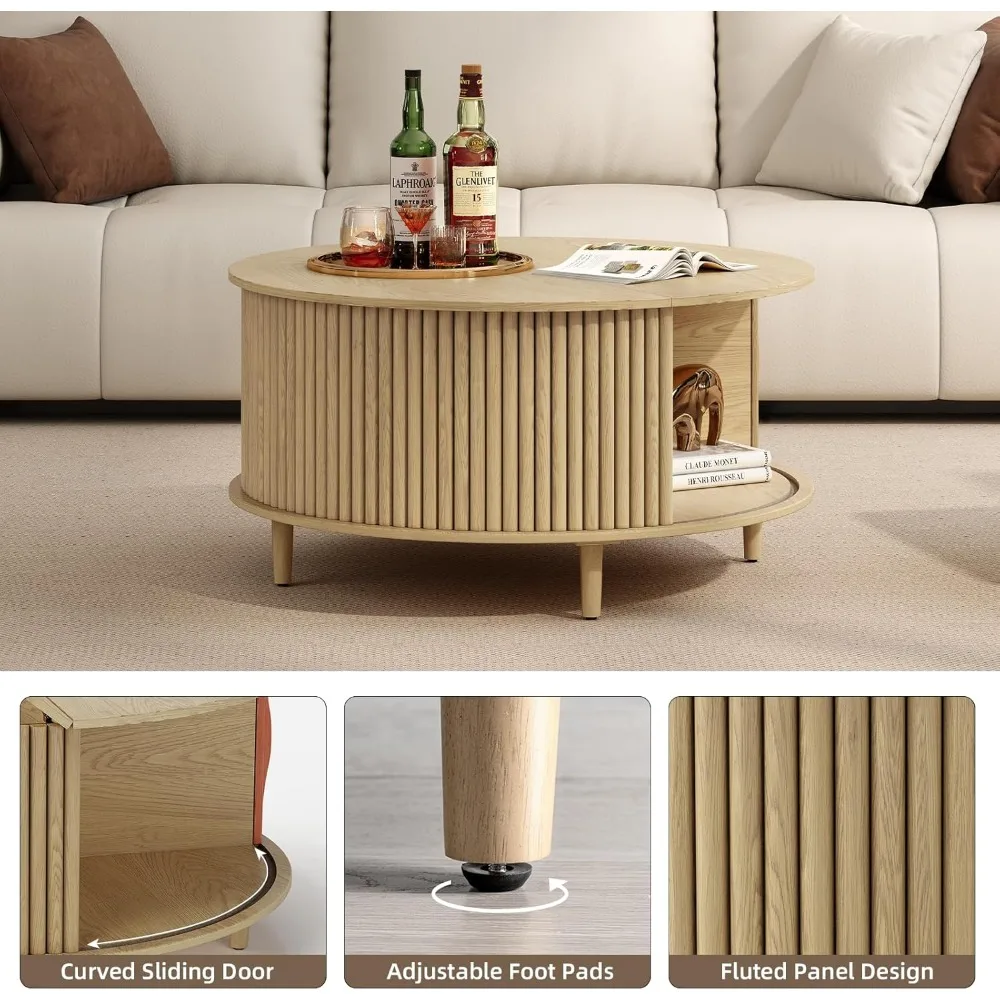 Compact Storage Coffee Table with Sliding Door, 31.5 Diameter, Ideal for Small Living Rooms, Home Decor, Space-Saving Center Tab