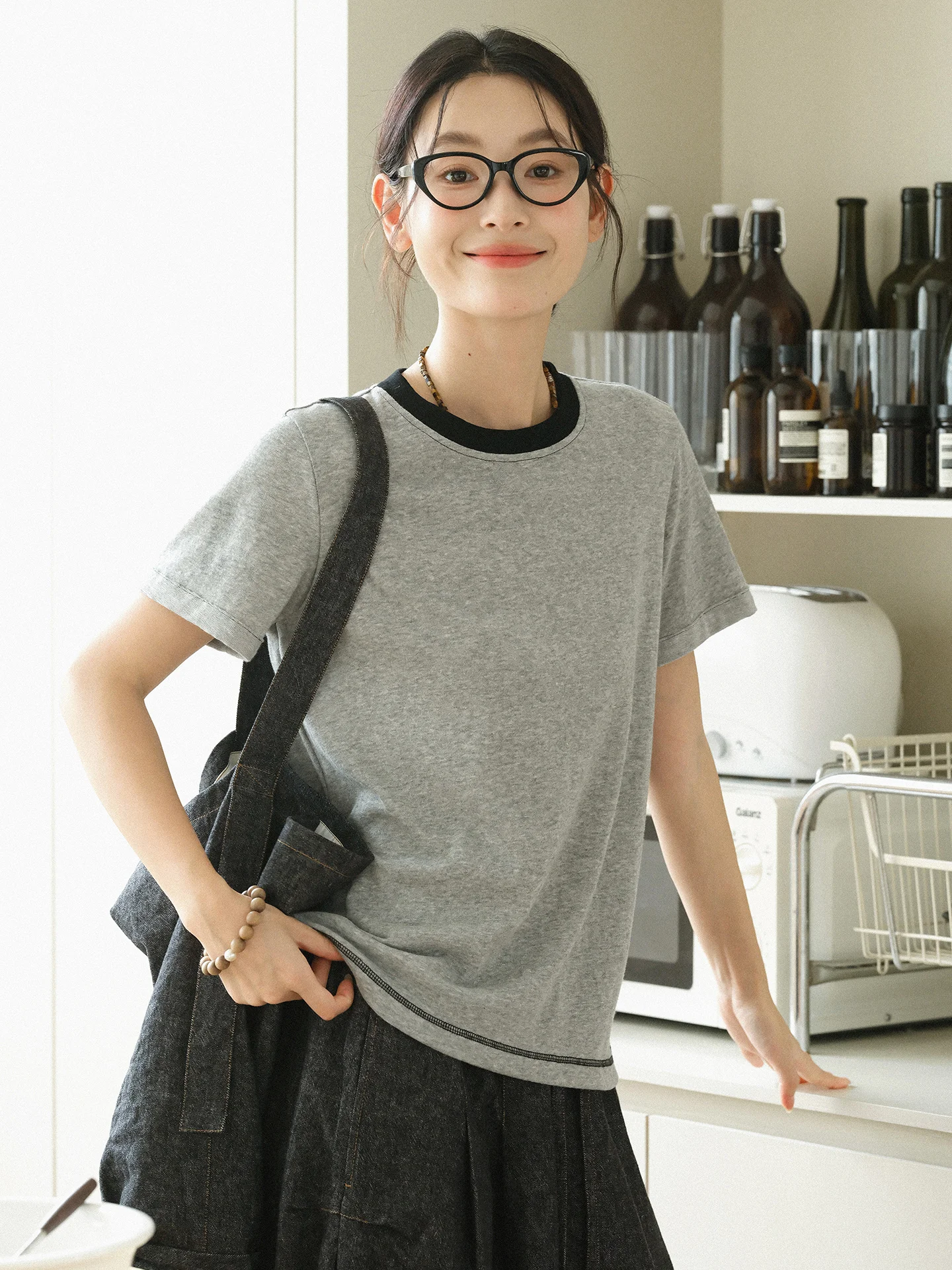 Casual Knitted Short Sleeve T-Shirt Color Block Snowflake Cotton Summer New Arrival Women's Loose Fit round Neck Top