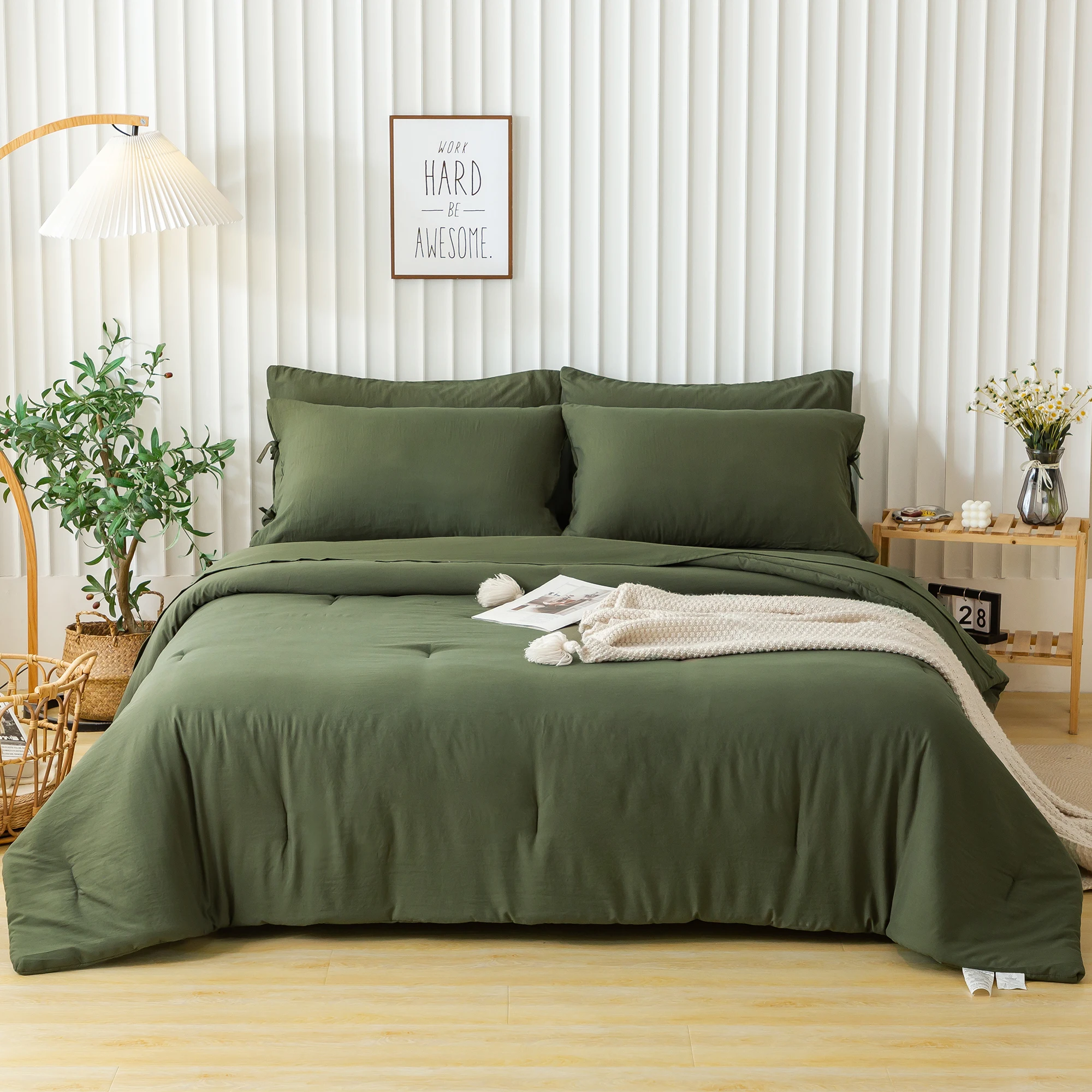 

Ultra-Soft Bed Sets Twin with Comforter and Sheets All Season Use 5 Pieces Bed in a Bag Boho Washed PolyCotton Dark Olive Green