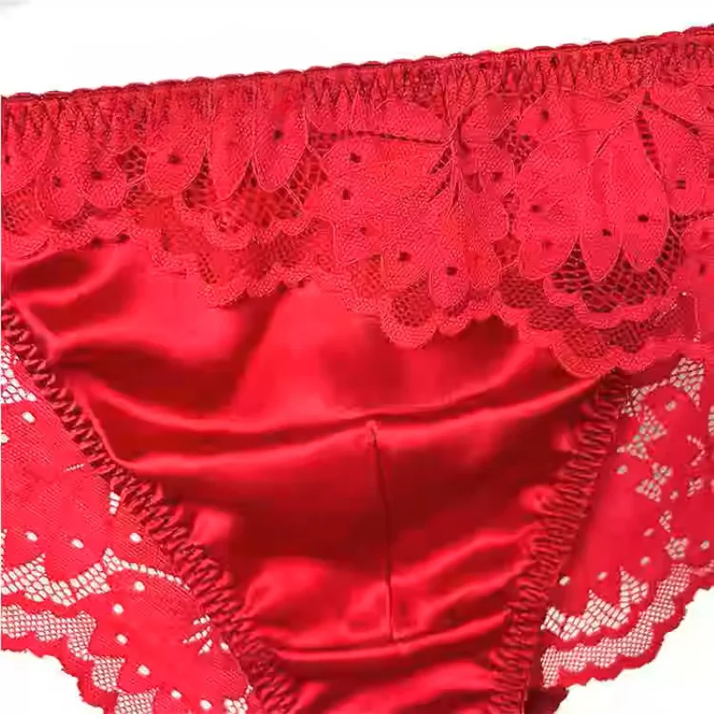 

Sexy Mulberry Silk Jacquard Men's Briefs Sissy Lace Bow Panties Low Waist Convex Pouch Comfortable Erotic Underwear