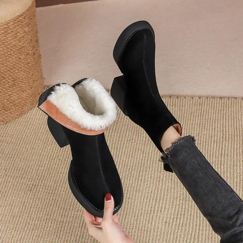 FHC Wool Plush Snow Boots Woman,Thick Bottom Short Botas,Block High Heels,Round Toe Winter Shoes,Black,Brown,Dropship