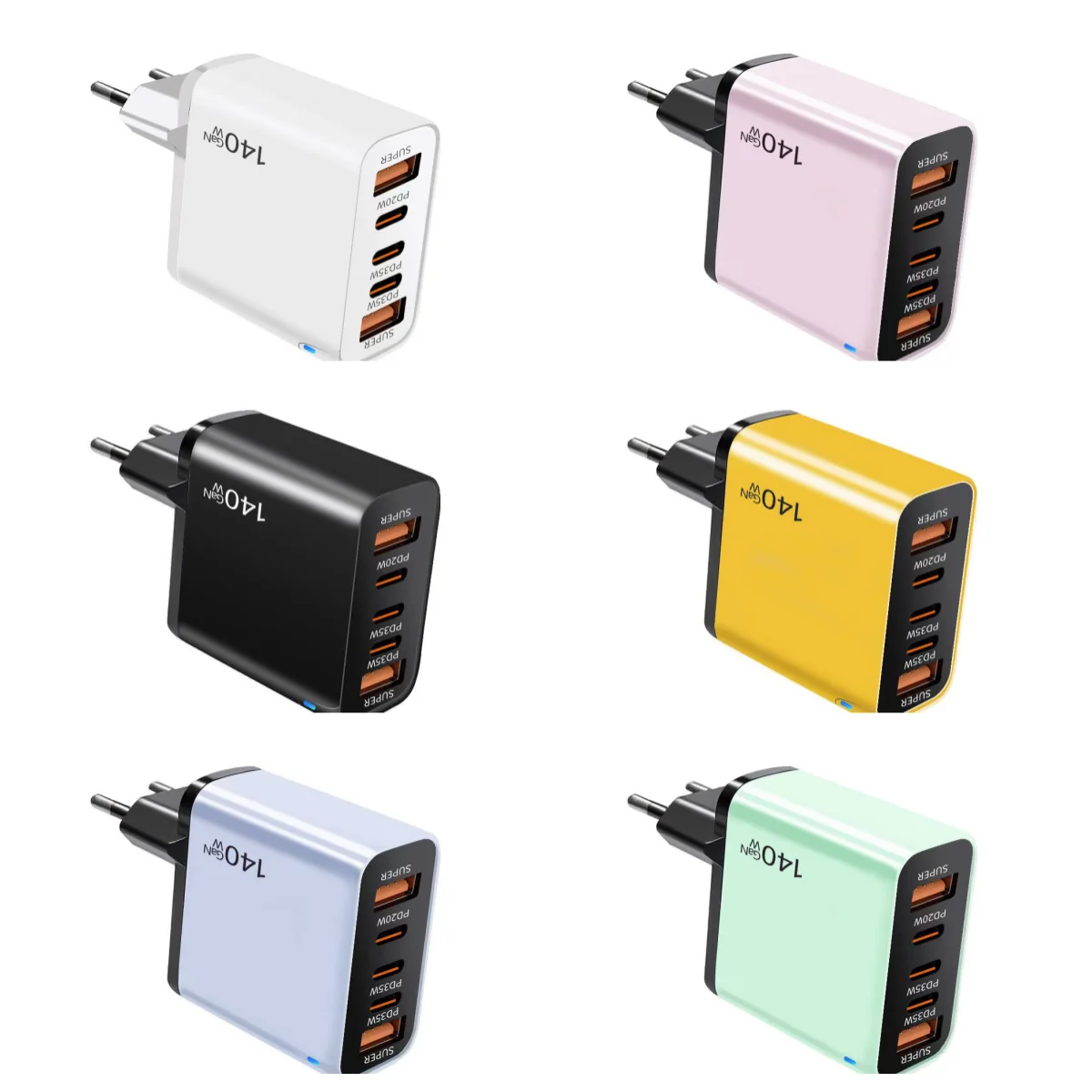 140 واط 5-Port Quick GaN شاحن 2USB + 3Type C شحن سريع شاحن الهاتف المحمول آيفون 15 16 17 سامسونج كمبيوتر محمول اللوحي