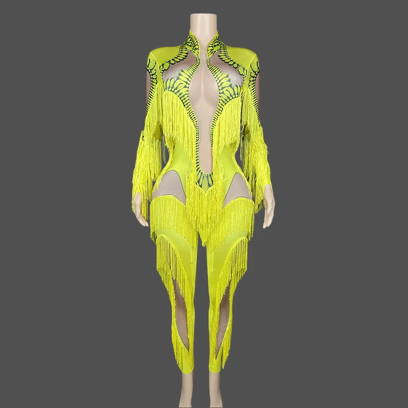 

Dancer Stage Costumes Yellow Long Sleeve Printed Tassel Spandex Bodycon Jumpsuits Evening Club Party Performance Dress Clubwear