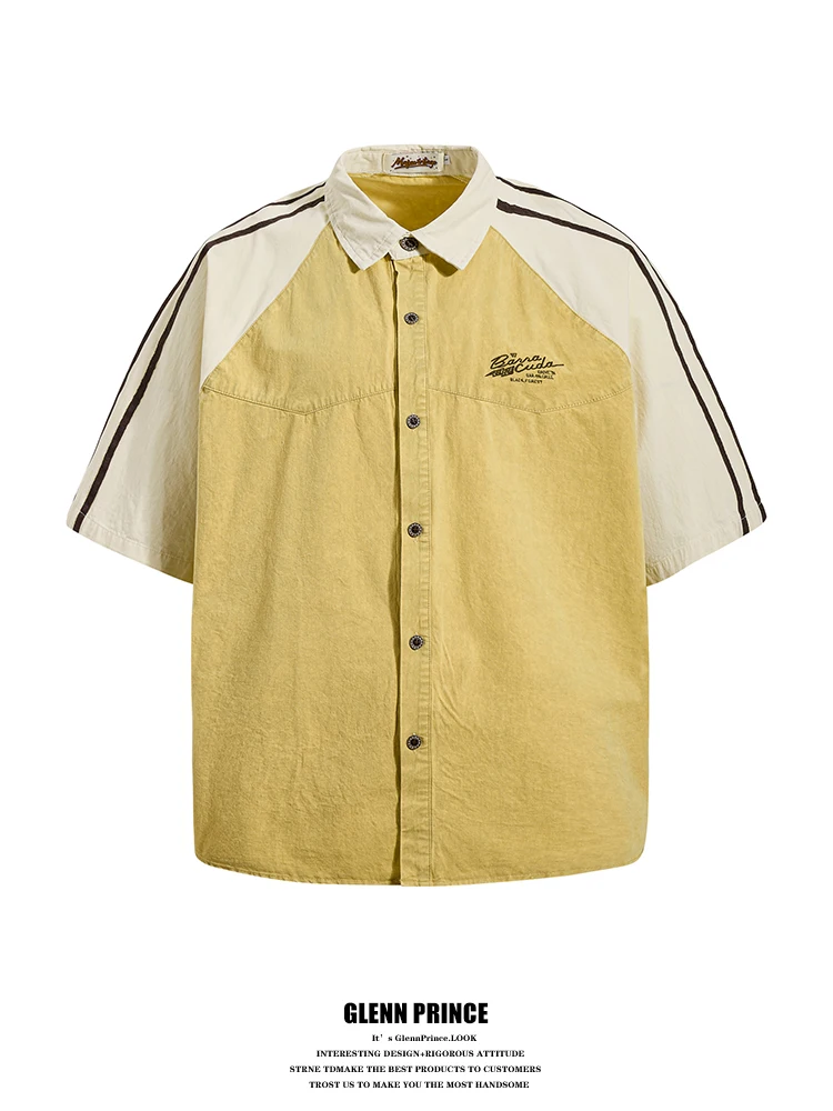 

GPstudio American Retro Color Blo Double Bar ort Sve Cotton irt Men's Summer Design Pure Cotton Waed irt