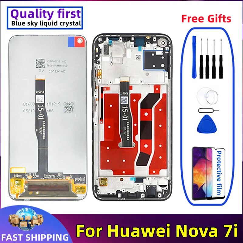 Mobile Phone Display Touch Screen Digitizer Assembly Replacement, Huawei Nova 7i LCD, JNY L21A, L22A, LX2, Original with Frame