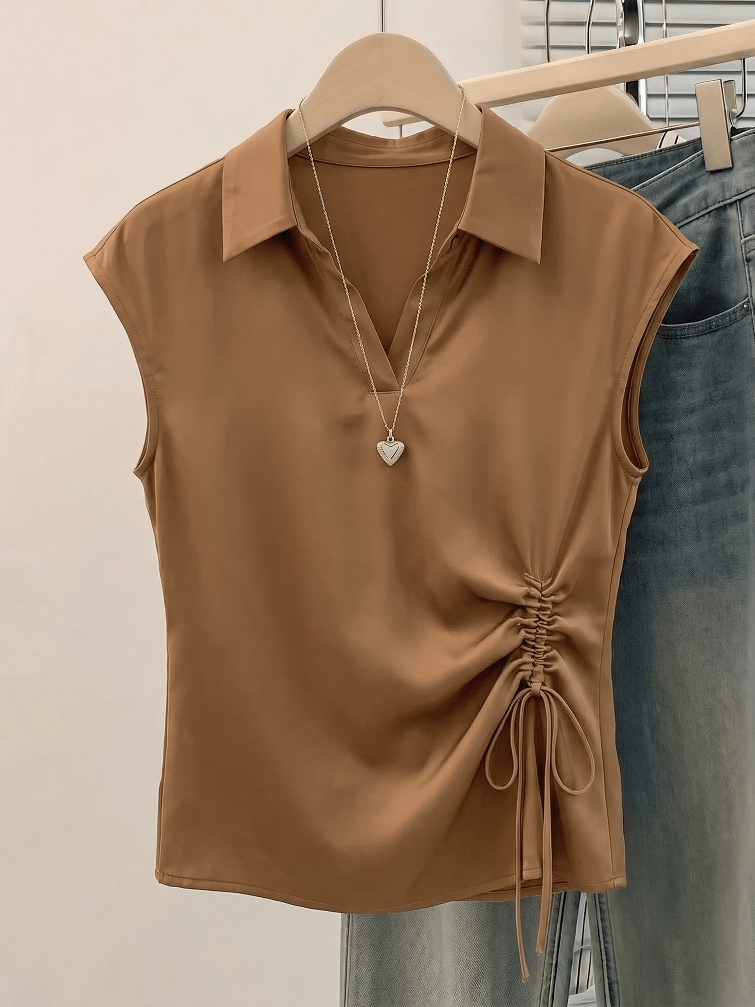 

Elegant Acetate Satin Brown Shoulder Shirt Women's Summer New plus Size Drawstring Sleeveless Top Korean Style Loose Fit