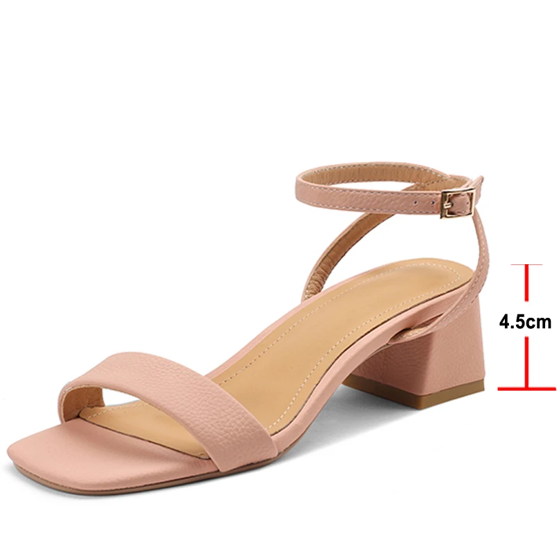 Meotina Women Genuine Leather Ankle Strap Shoes Thick Heel Summer Buckle Sandals Square Toe Mid Heels Ladies Footwear Pink Beige