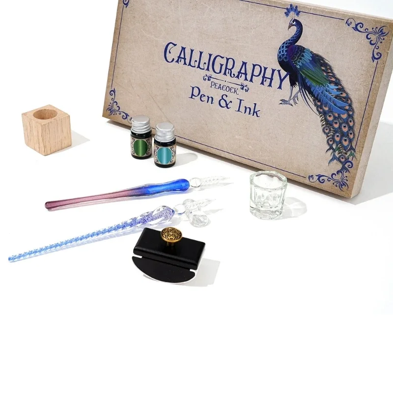 Glass Dip Pen and Colorful Ink Set Beginner Calligraphy Pen 12 Ink Bottles for Beginner Adult Gothic Calligraphy Writing